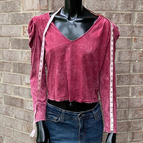7 For All Mankind Puff Shoulder V-Neck Long Sleeve Stone Washed Cropped Top Sz S - Picture 9 of 12